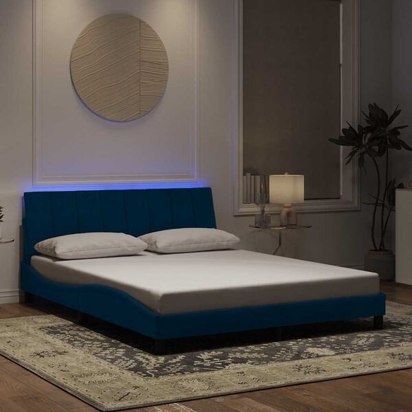 vidaXL Estrutura de cama com LED sem colch&atilde;o Hanko 160x200 cm veludo azul