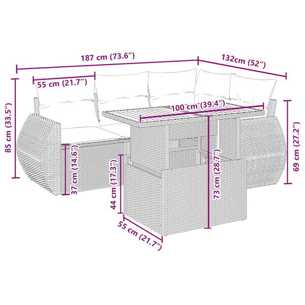 vidaXL 5 pcs conjunto de sof&aacute;s p/ jardim com almofad&otilde;es vime PE bege