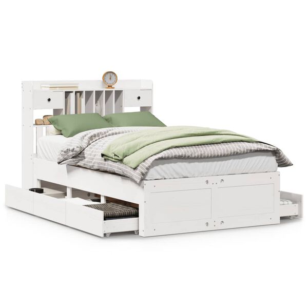 vidaXL Cama com estante sem colch&atilde;o 135x190 cm pinho maci&ccedil;o branco