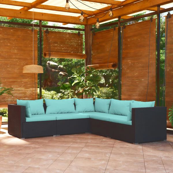 vidaXL 5 pcs conjunto lounge de jardim c/ almofadões vime PE preto
