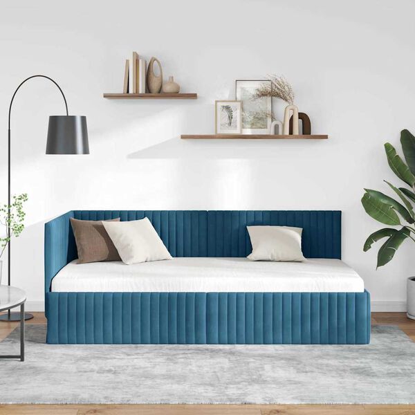 vidaXL Estrutura de Cama de Canto Azul 90 cm x 200 cm Veludo