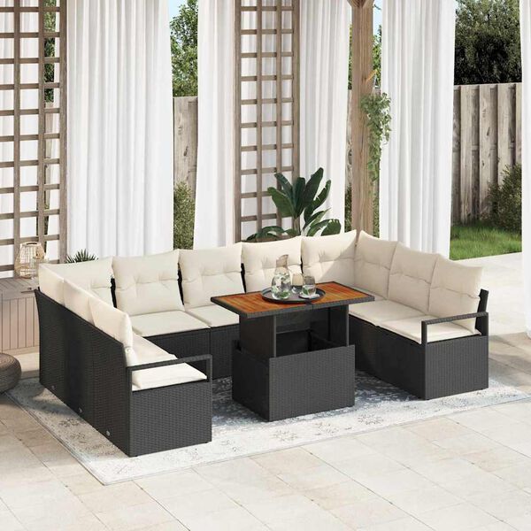 vidaXL Conjunto de Sof&aacute; de Jardim com almofada 10 pcs Preto e Creme