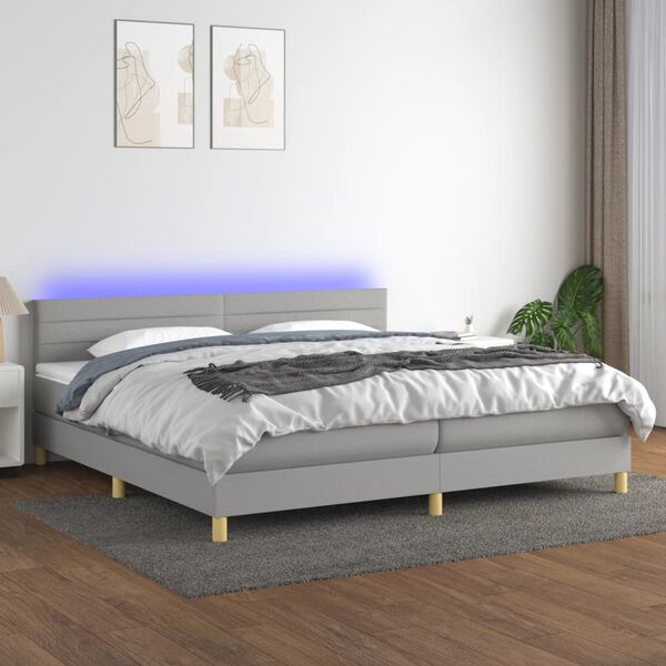 vidaXL Cama box spring c/ colch&atilde;o e LED 200x200 cm tecido cinza-claro