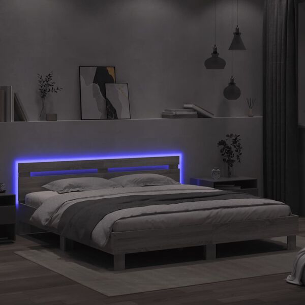 vidaXL Estrutura cama c/ cabeceira/luzes LED 180x200cm cinzento sonoma