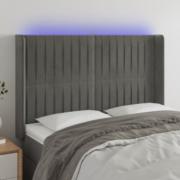 vidaXL Cabeceira cama c/ luzes LED veludo 147x16x118/128cm cinza-claro