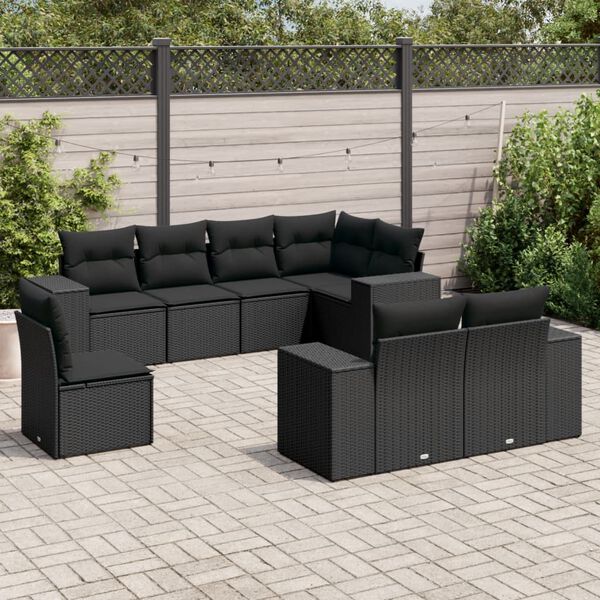 vidaXL 8 pcs conjunto sof&aacute;s de jardim com almofad&otilde;es vime PE preto