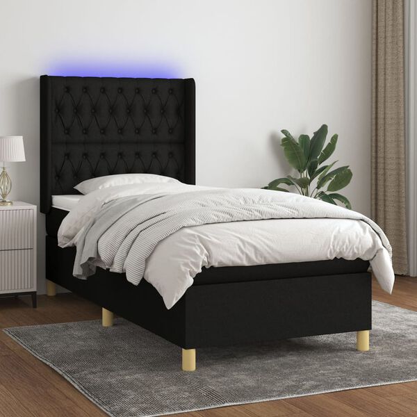 vidaXL Cama box spring c/ colch&atilde;o e LED 90x200 cm tecido preto