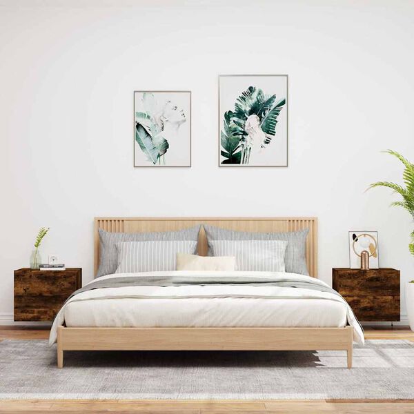 vidaXL Mesas de cabeceira de parede com luzes LED 2pcs carvalho fumado