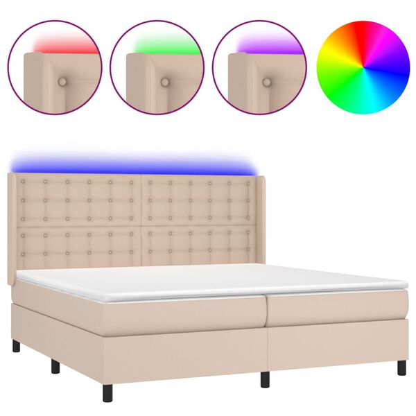 vidaXL Cama box spring c/colch&atilde;o/LED 200x200cm couro artif. cappuccino