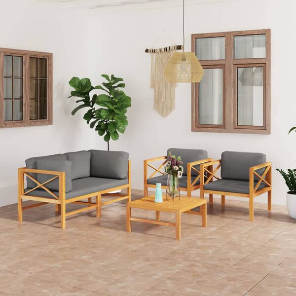 vidaXL 5 pcs conj. lounge de jardim + almofad&otilde;es cinzentos teca maci&ccedil;a