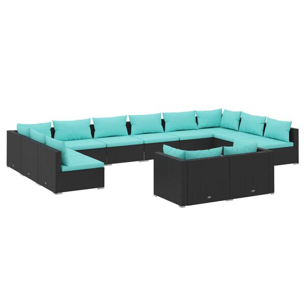 vidaXL 12 pcs conjunto lounge de jardim c/ almofad&otilde;es vime PE preto