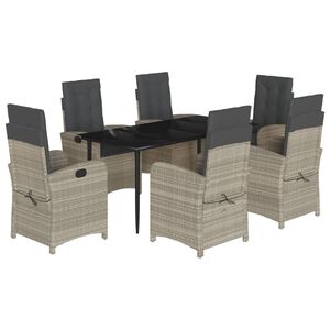vidaXL 7 pcs conj. jantar p/ jardim c/ almofad&otilde;es vime PE cinza-claro