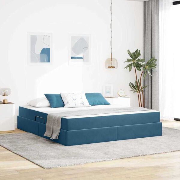 vidaXL Cama com arruma&ccedil;&atilde;o e colch&atilde;o Azul Escuro 160 x 200 cm Veludo