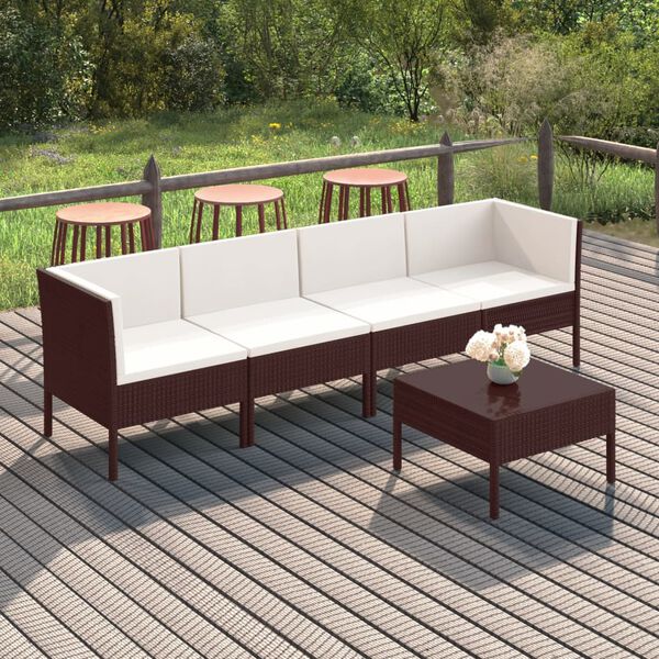 vidaXL 5 pcs conjunto lounge jardim c/ almofad&otilde;es vime PE castanho
