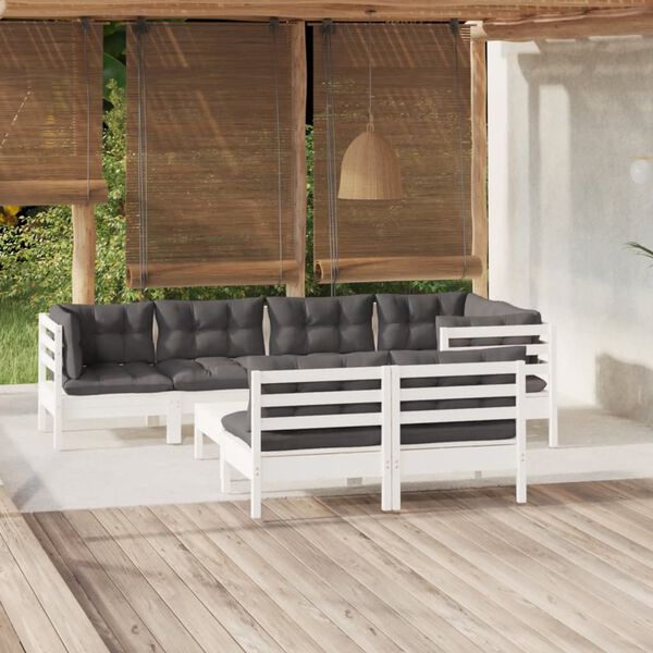 vidaXL 8 pcs conj. lounge de jardim c/ almofad&otilde;es pinho maci&ccedil;o branco