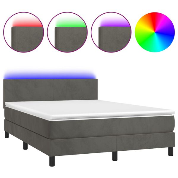 vidaXL Cama box spring c/ colch&atilde;o/LED 140x200cm veludo cinzento-escuro