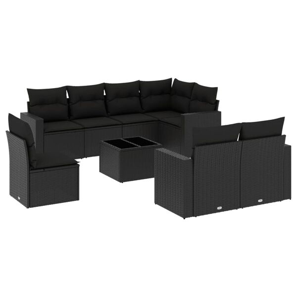 vidaXL 9 pcs conjunto de sof&aacute;s p/ jardim c/ almofad&otilde;es vime PE preto