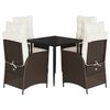 vidaXL 5 pcs conjunto jantar p/ jardim c/ almofad&otilde;es vime PE castanho