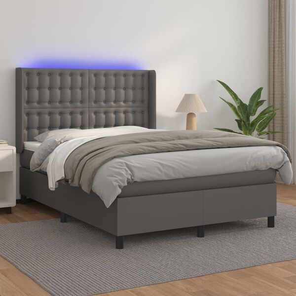 vidaXL Cama box spring c/ colchão/LED 140x190cm couro artificial cinza
