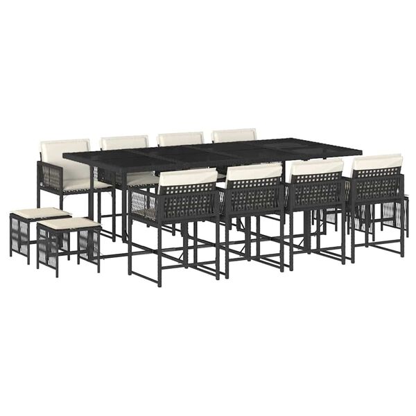 vidaXL 13 pcs conjunto de jantar p/jardim com almofad&otilde;es vime PE preto