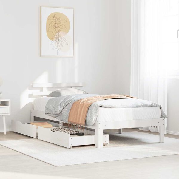 vidaXL Estrutura de cama c/ gavetas 100x200 cm pinho maci&ccedil;o branco