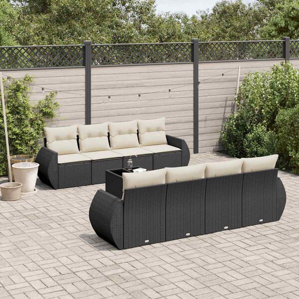 vidaXL 9 pcs conjunto de sof&aacute;s p/ jardim c/ almofad&otilde;es vime PE preto