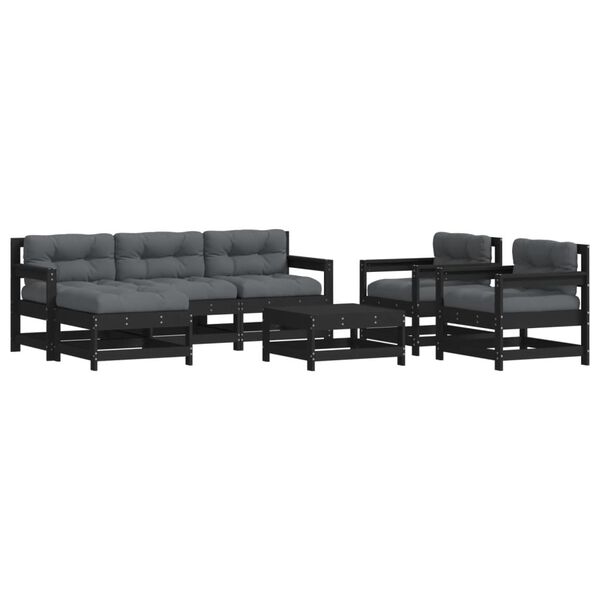 vidaXL 7 pcs conjunto lounge jardim c/ almofad&otilde;es madeira maci&ccedil;a preto