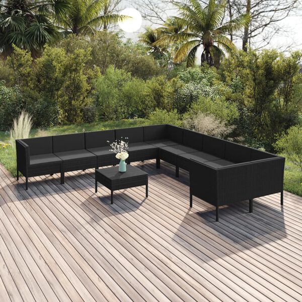 vidaXL 11 pcs conjunto lounge de jardim c/ almofad&otilde;es vime PE preto