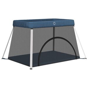 vidaXL Parque para beb&eacute;s com colch&atilde;o tecido de linho azul marinho