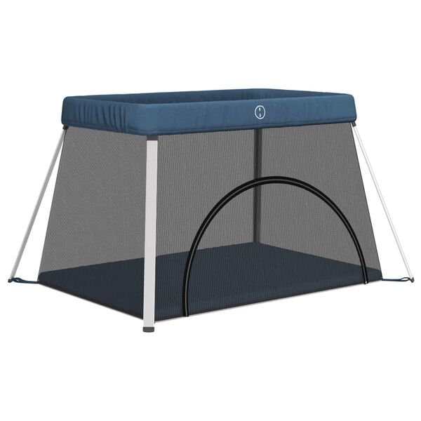 vidaXL Parque para beb&eacute;s com colch&atilde;o tecido de linho azul marinho