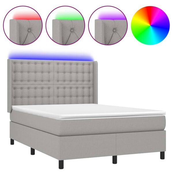 vidaXL Cama box spring c/ colch&atilde;o e LED 140x190 cm tecido cinza-claro