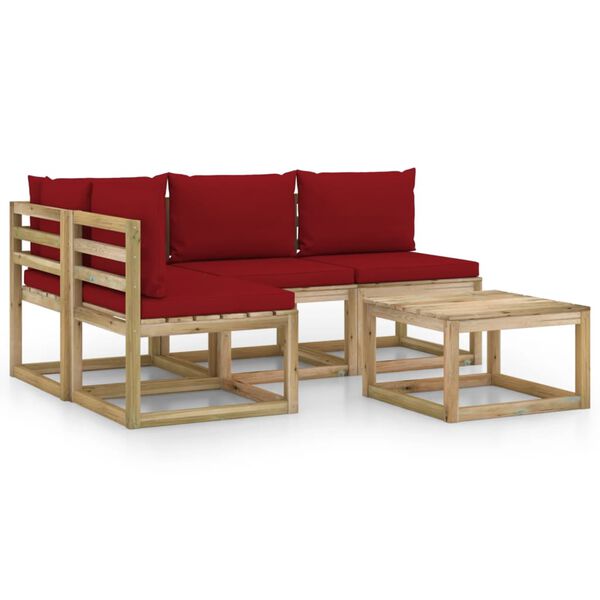 vidaXL 5 pcs conjunto lounge de jardim c/ almofad&otilde;es vermelho tinto
