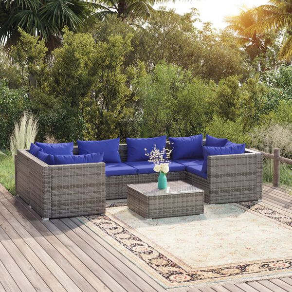 vidaXL 7 pcs conjunto lounge de jardim c/ almofad&otilde;es vime PE cinzento