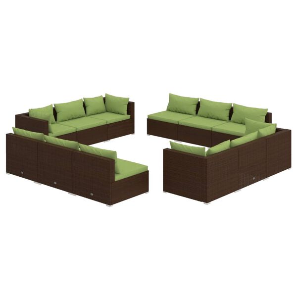 vidaXL 12 pcs conjunto lounge jardim c/ almofadões vime PE castanho