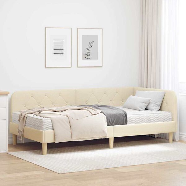 vidaXL Estrutura de Cama de Canto com colch&atilde;o Creme 90 x 190 cm tecido