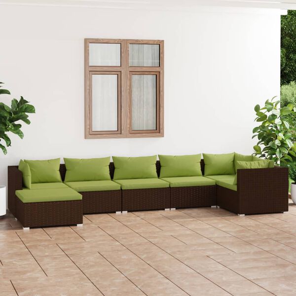 vidaXL 7 pcs conjunto lounge jardim c/ almofadões vime PE castanho
