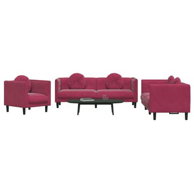 vidaXL 3 pcs conjunto de sofás com almofadas veludo vermelho-tinto