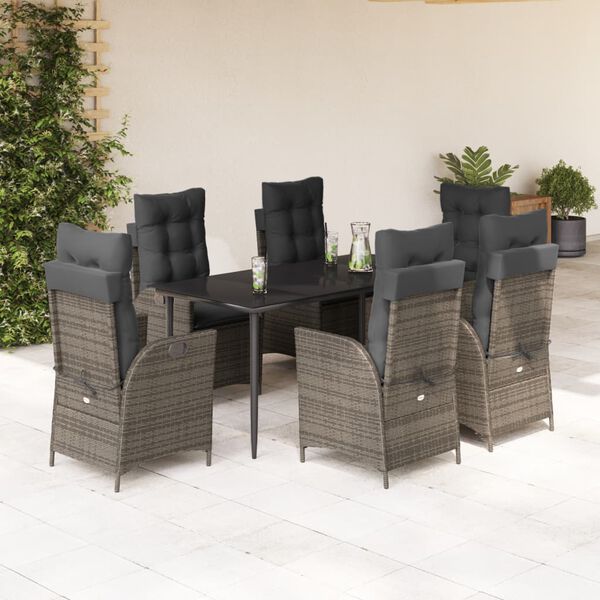vidaXL 7 pcs conjunto de jantar p/ jardim c/ almofad&otilde;es vime PE cinza