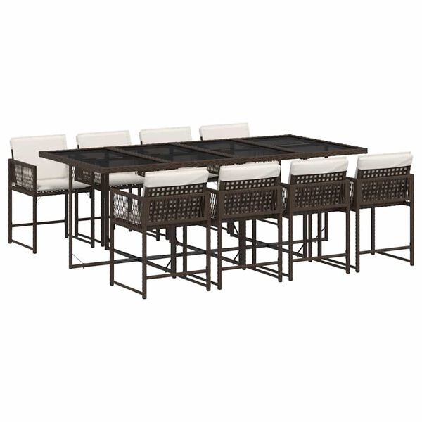 vidaXL 9 pcs conjunto jantar p/ jardim c/ almofad&otilde;es vime PE castanho