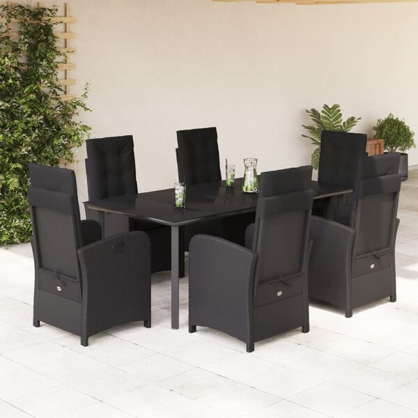 vidaXL 7 pcs conjunto de jantar p/ jardim c/ almofad&otilde;es vime PE preto