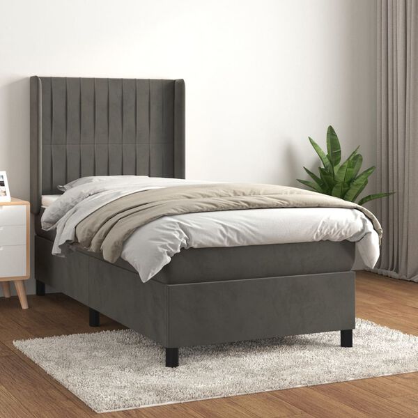 vidaXL Cama com molas/colch&atilde;o 90x190 cm veludo cinza-escuro