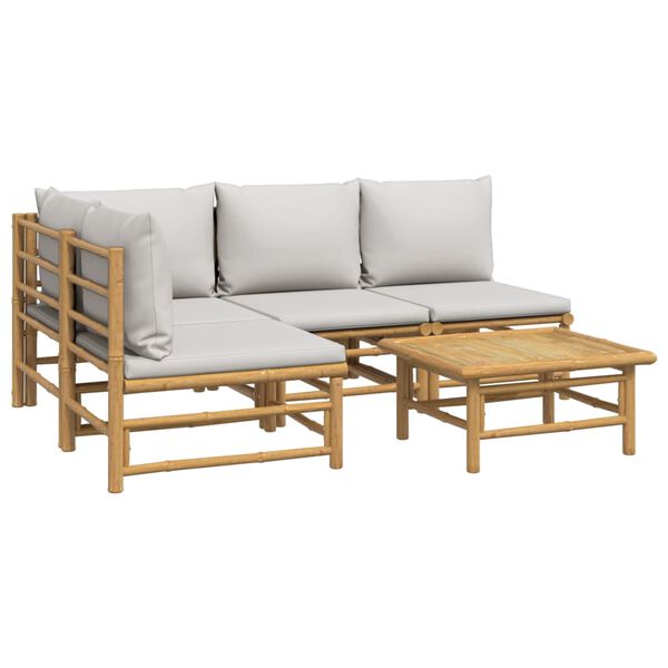 vidaXL 5 pcs conj. lounge de jardim bambu c/ almofadões cinzento-claro