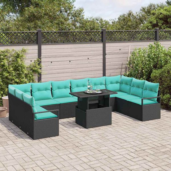 vidaXL Conjunto de Sof&aacute; de Jardim 11 pcs Preto e azul vime PE