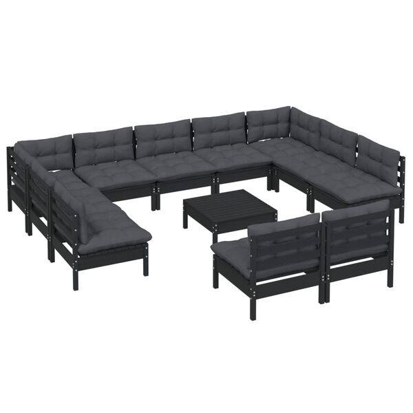 vidaXL 12 pcs conjunto lounge jardim c/ almofad&otilde;es pinho maci&ccedil;o preto