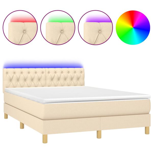 vidaXL Cama box spring c/ colch&atilde;o e LED 140x190 cm tecido cor creme