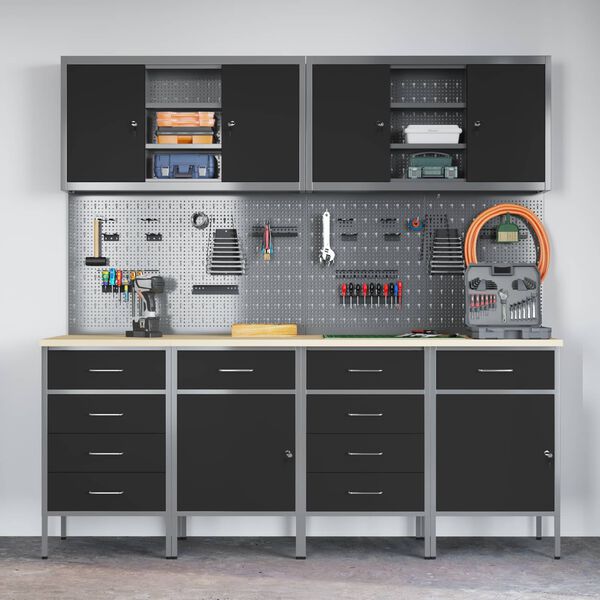 vidaXL Arm&aacute;rio de Trabalho 10 pcs Preto Madeira de Engenharia e A&ccedil;o