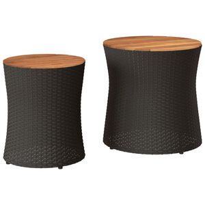 vidaXL Mesas de apoio p/ jardim c/ tampo de madeira 2pcs vime PE preto