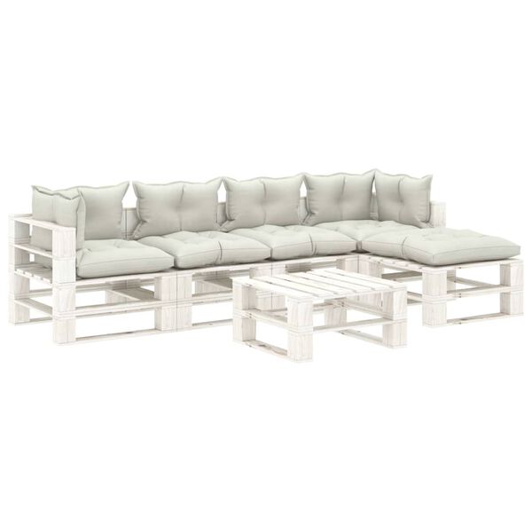 vidaXL Conjunto lounge de jardim em paletes 6 pcs c/ almofad&otilde;es beges