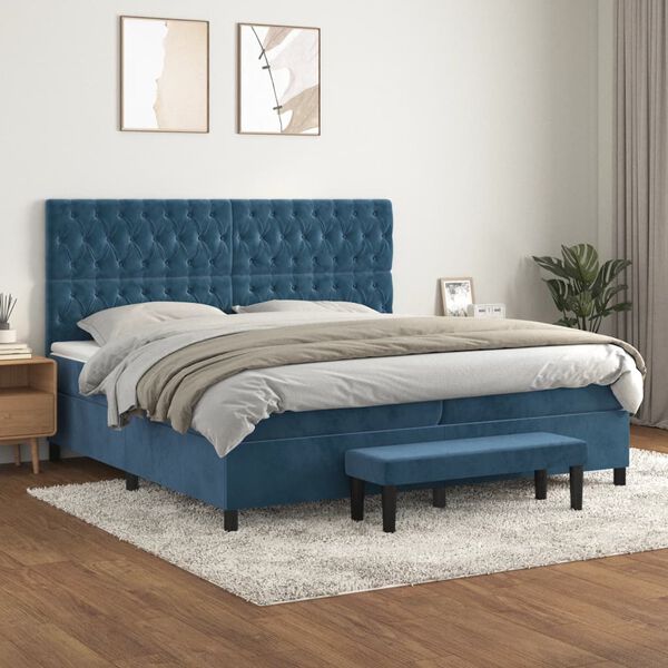 vidaXL Cama com molas/colch&atilde;o 200x200 cm veludo azul-escuro