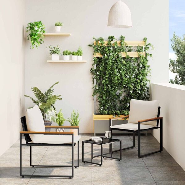 vidaXL Conjuntos de m&oacute;veis 3 pcs Preto e Branco Creme Vime